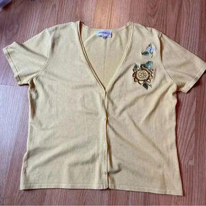 Studio I yellow floral embroidered short sleeve silk blend cardigan grandma core